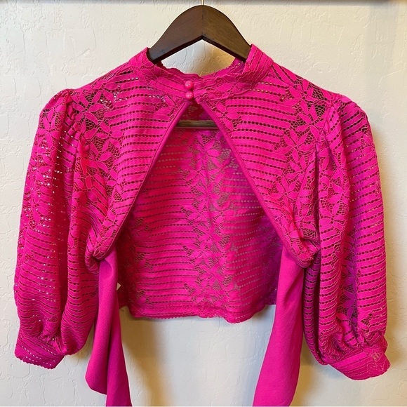 Valentine fuchsia pink backless lace crop top with wraparound sash, size L - Picture 6 of 16